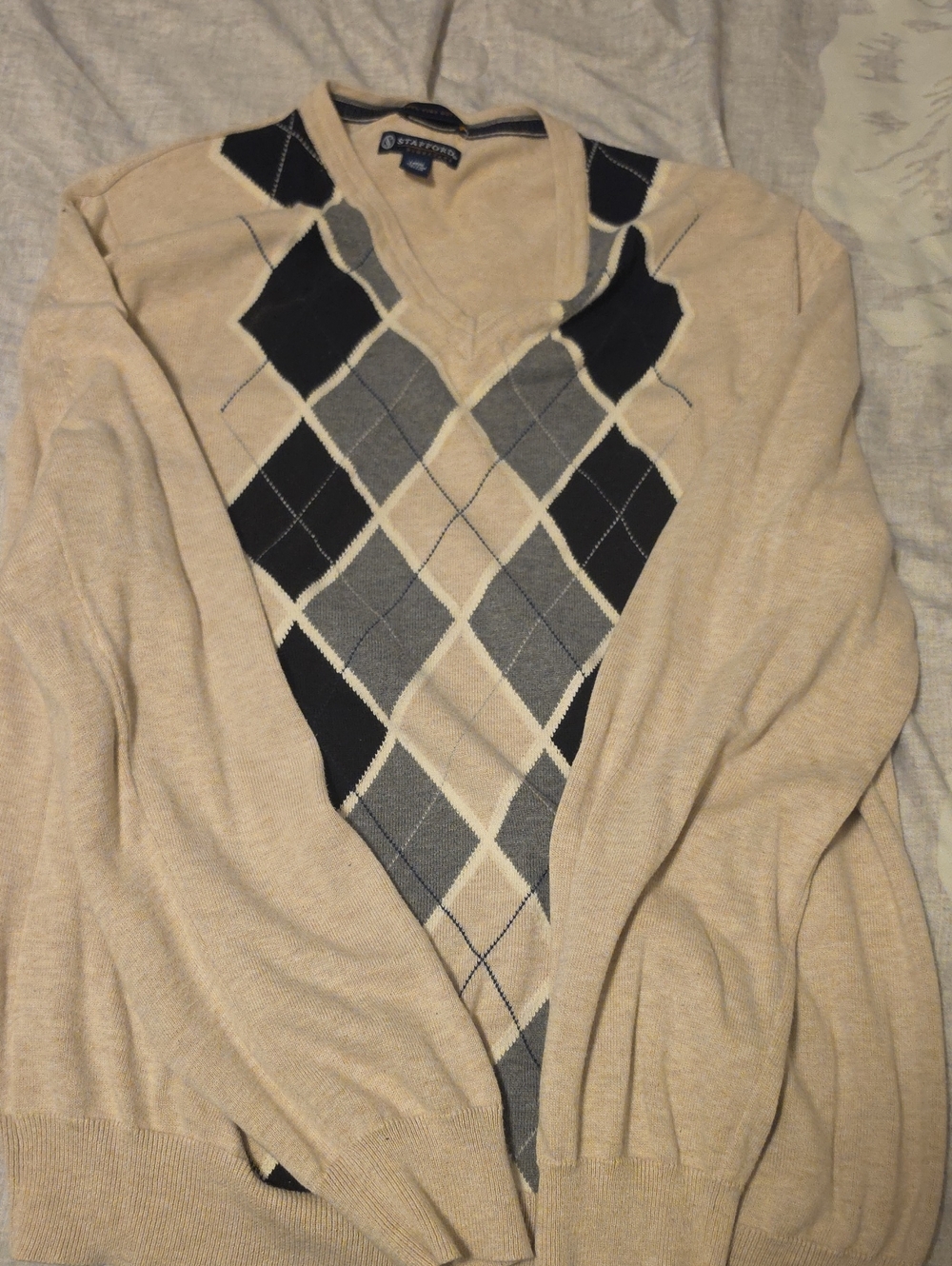 Stafford Beige and Black Argyle V-Neck Sweater